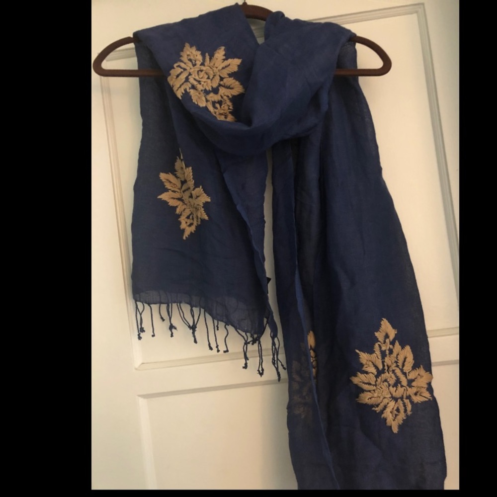 Navy Blue and Gold embroidered Scarf